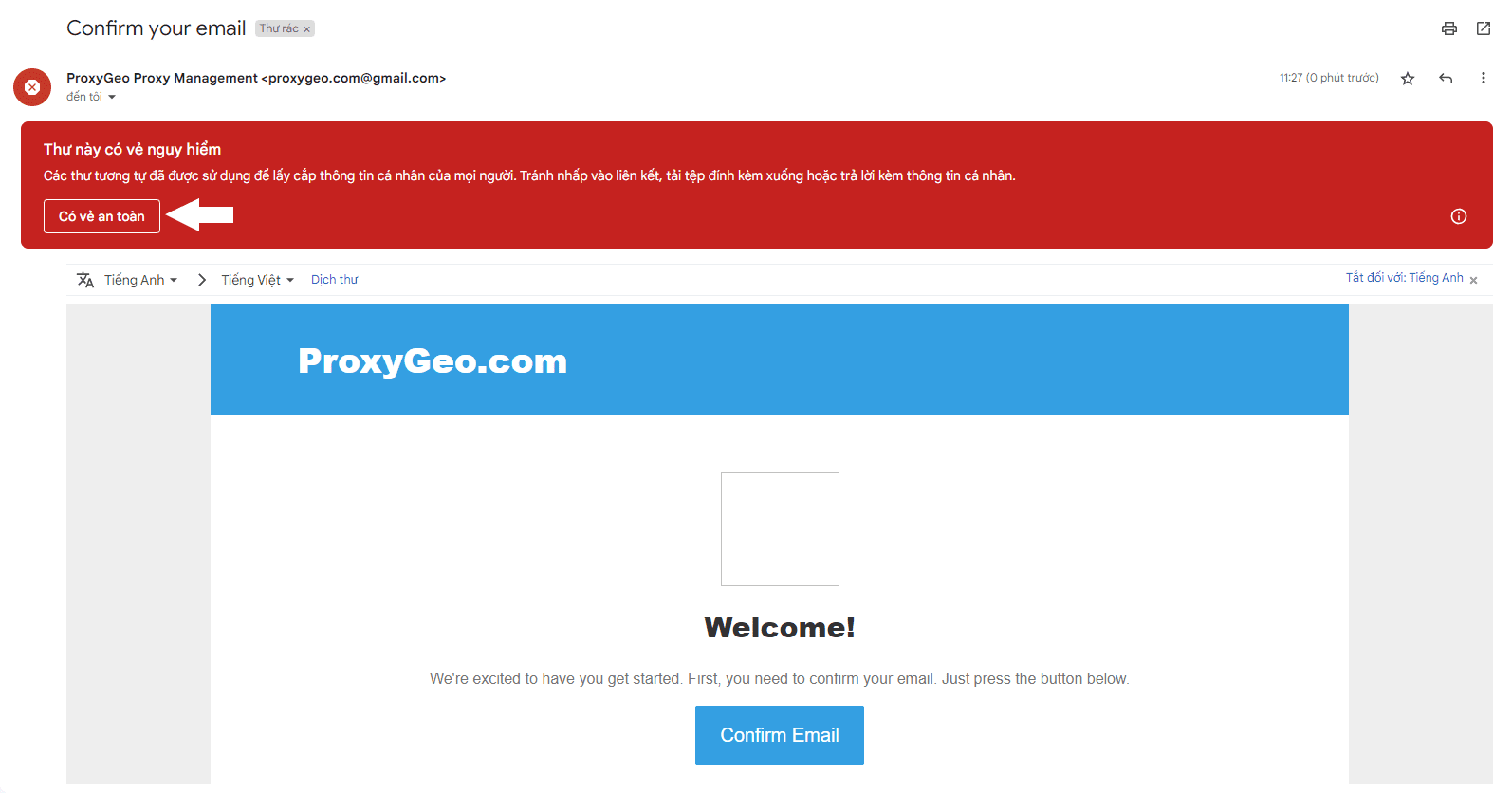 Click vào Có vẻ an toàn sau đó vào Hộp thư đến và kiểm tra lại Email
