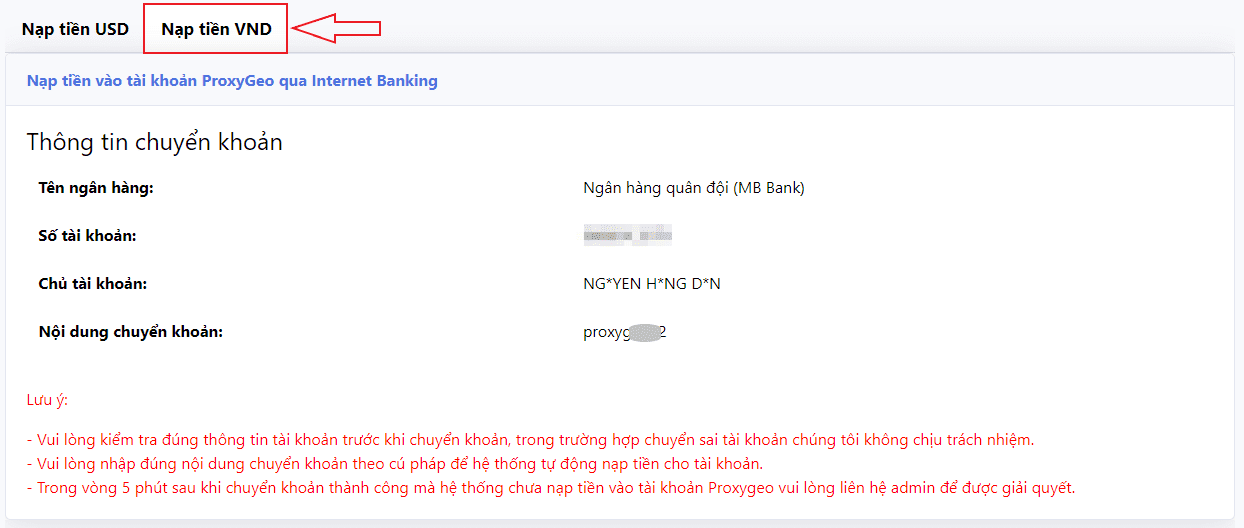 Click vào Nạp tiền VND