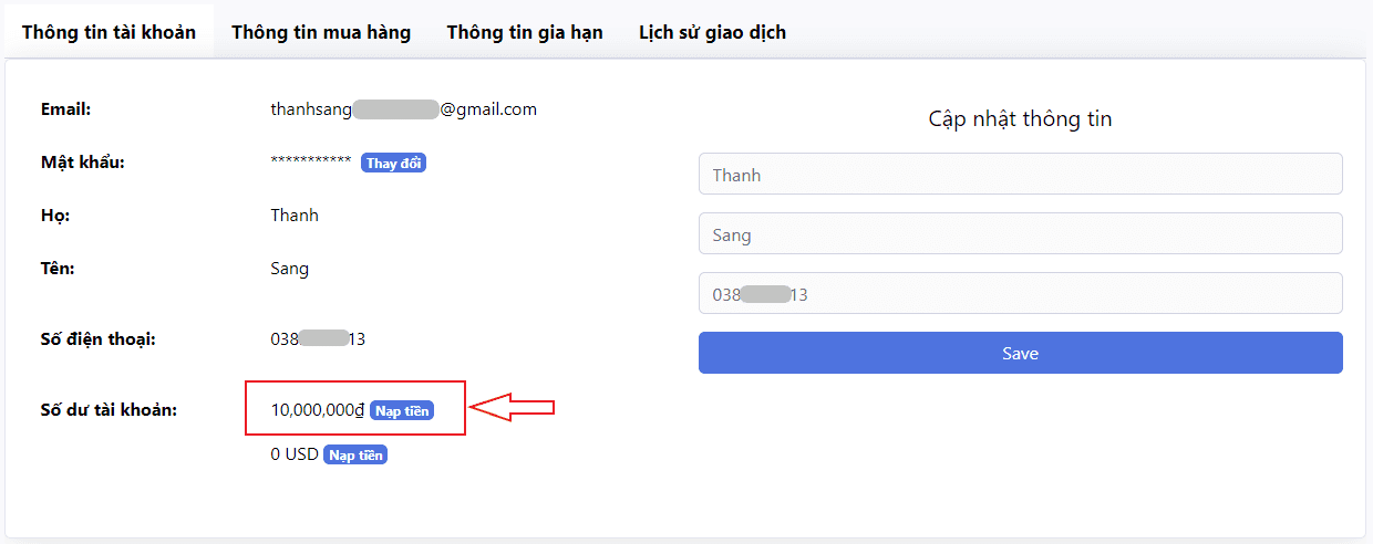 Tài khoản đã được cập nhật số dư sau khi chuyển khoản thành công.