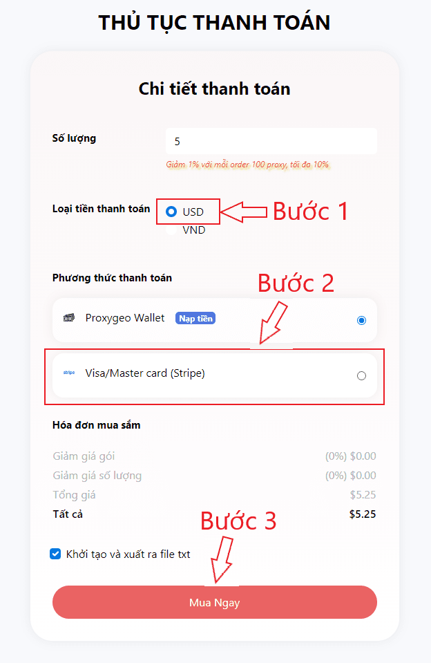 Click vào USD, Click Visa/Master card và click vào Mua Ngay