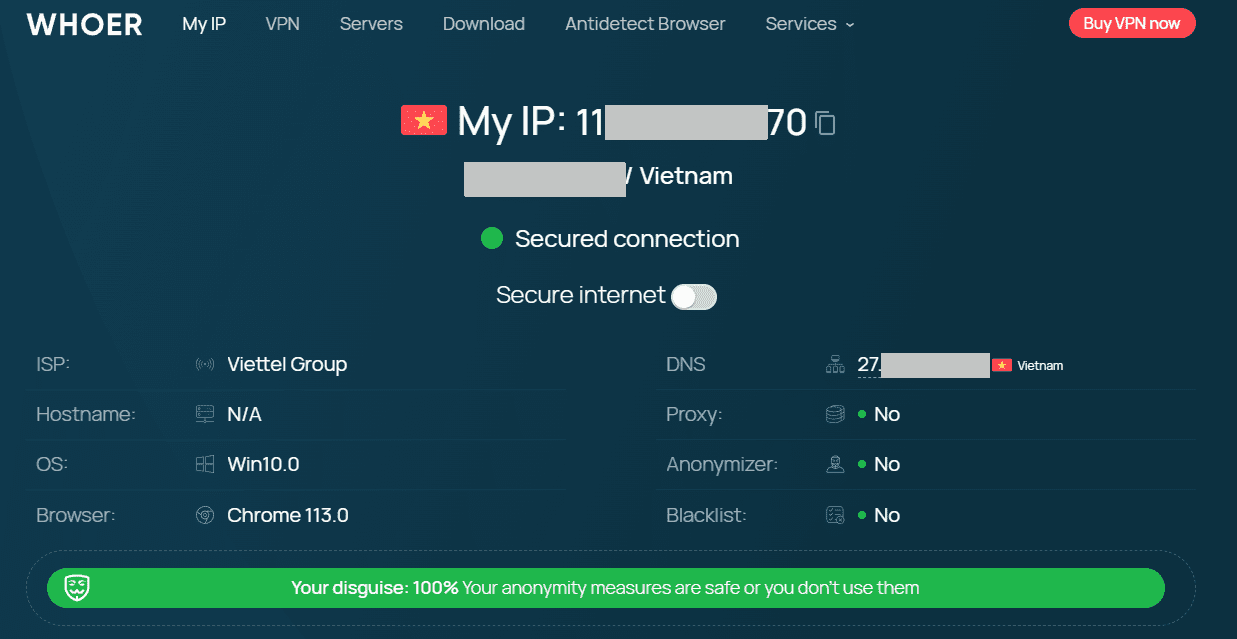 Vào whoer.net để lấy IPV4 của bạn