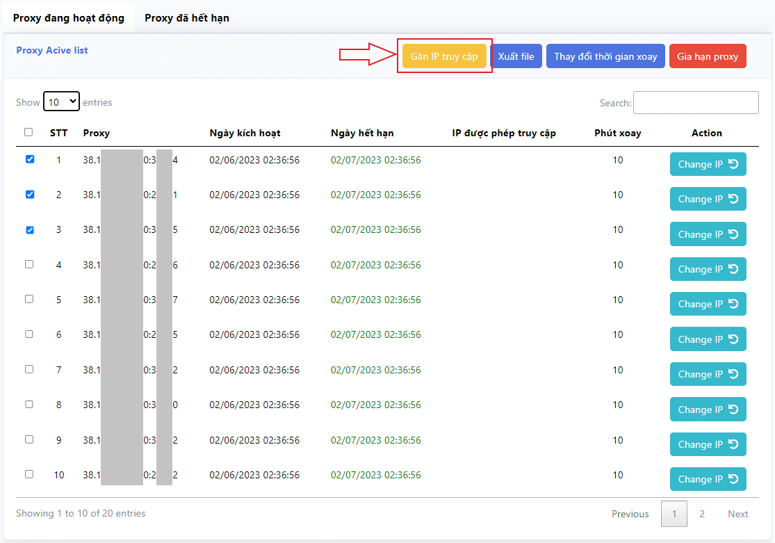 Chọn Proxy muốn gán IP và Click vào Gán IP truy cập
