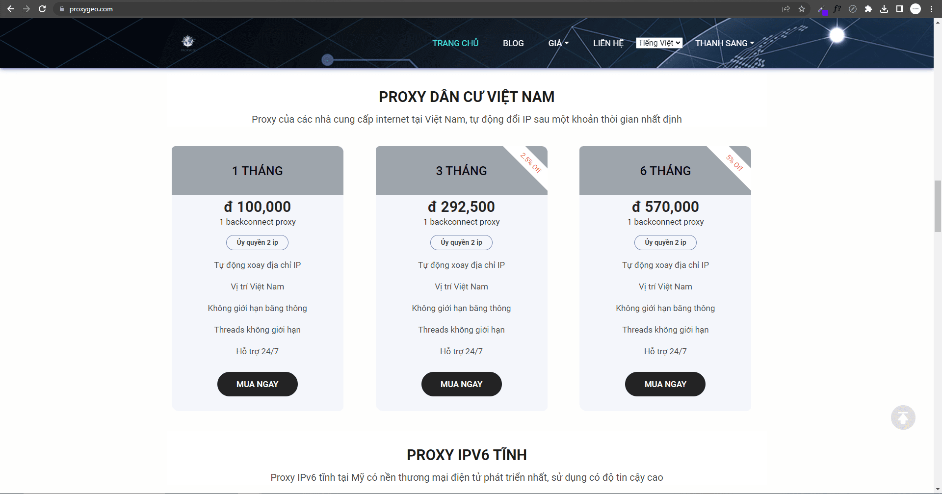 Tìm gói proxy muốn mua và click vào nút MUA NGAY