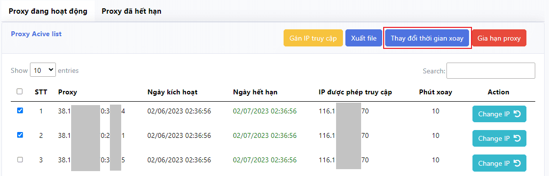 Chọn các Proxy cần thay đổi thời gian xoay và click vào Thay đổi thời gian xoay