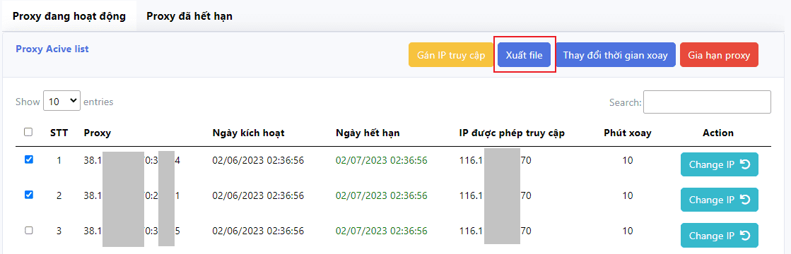 Chọn các Proxy cần xuất ra và Click vào Xuất file