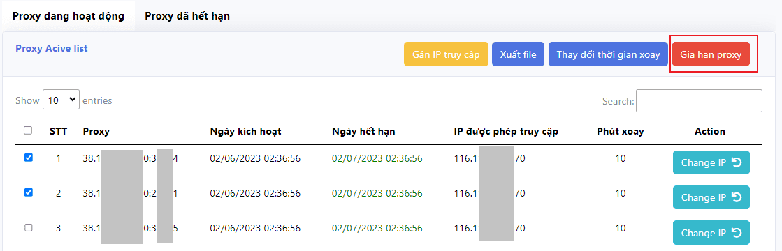 Chọn các proxy cần gia hạn sau đó click vào Gia hạn proxy