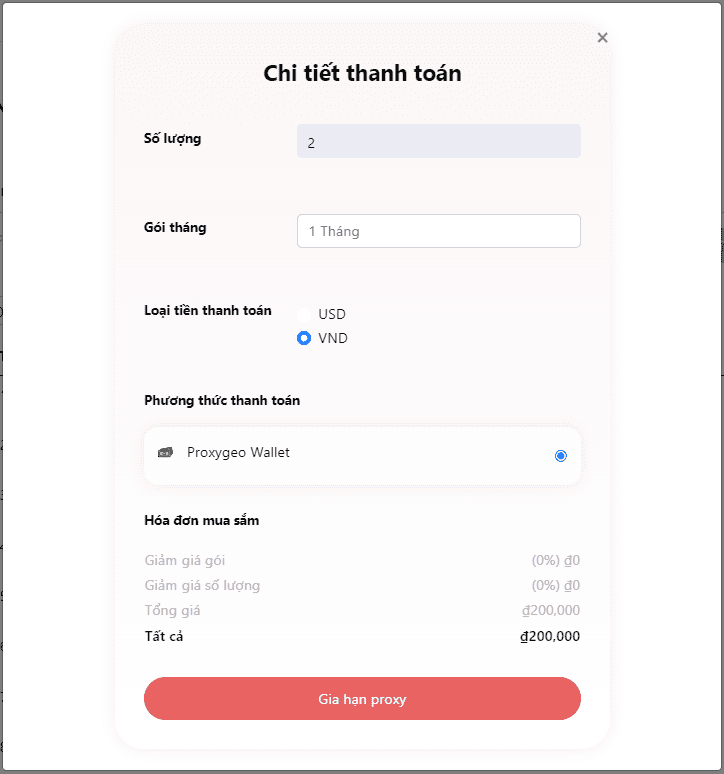 Chọn Gói tháng, Loại tiền thanh toán sau đó click vào Gia hạn proxy