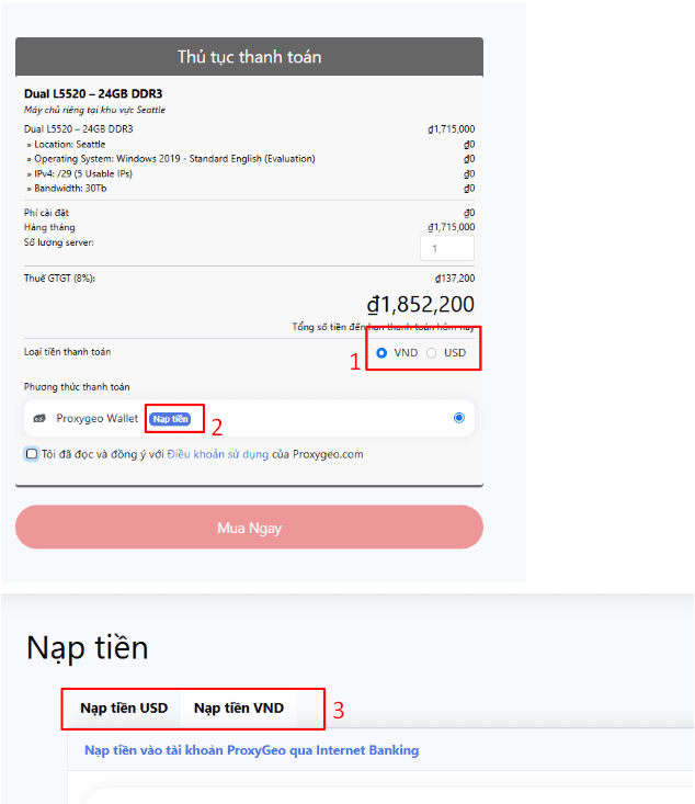 Nạp tiền để thuê máy chủ