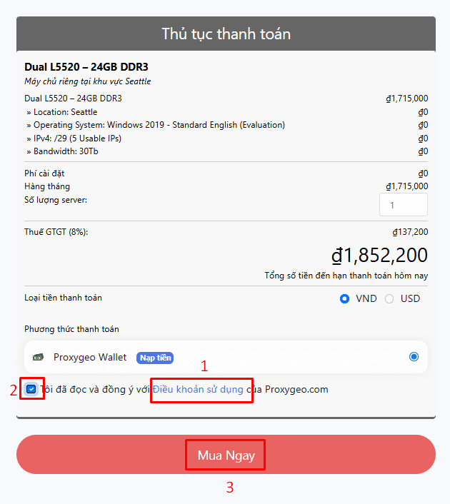Tiến hành thuê máy chủ tại ProxyGeo