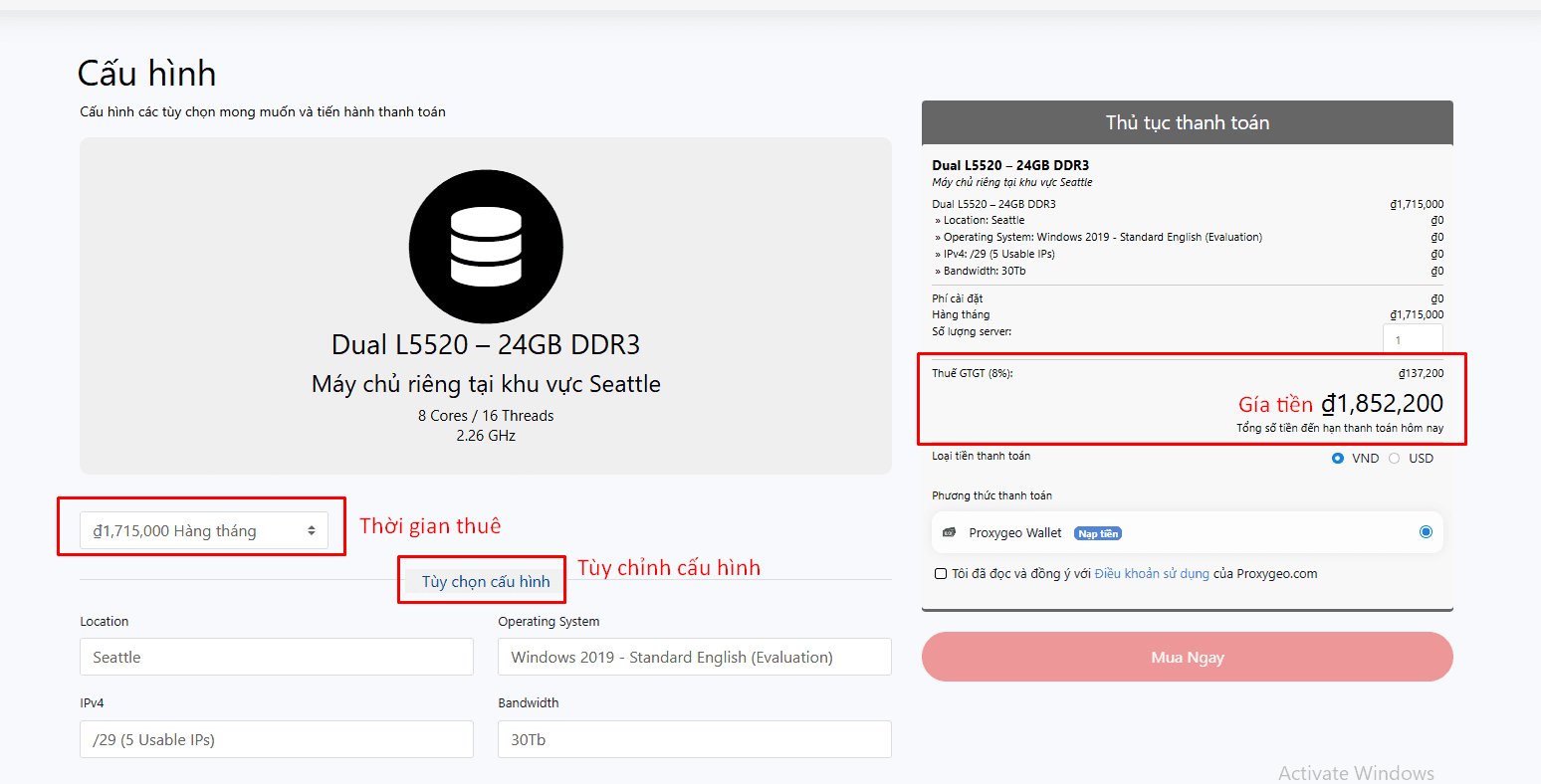 Tùy chỉnh cấu hình thuê máy chủ